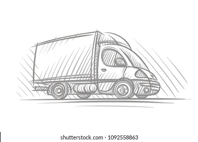 Delivery Truck Hand Drawn Sketch. Vector. 