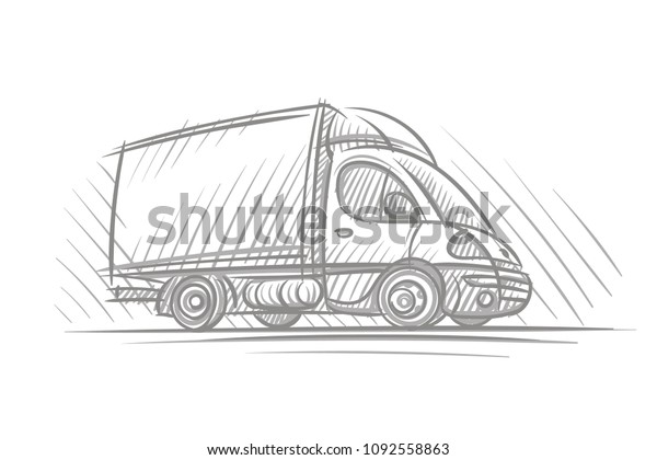 Delivery truck hand\
drawn sketch. Vector.\
