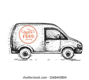 Delivery Truck Hand Drawn, Vector Illustration. Sketch Illustration For Design. Fast Delivery Concept.