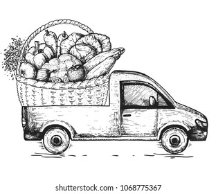 Delivery truck hand drawn vector illustration. Sketch concept for design. Vegetables in the box. Fast delivery of fresh vegetables concept.