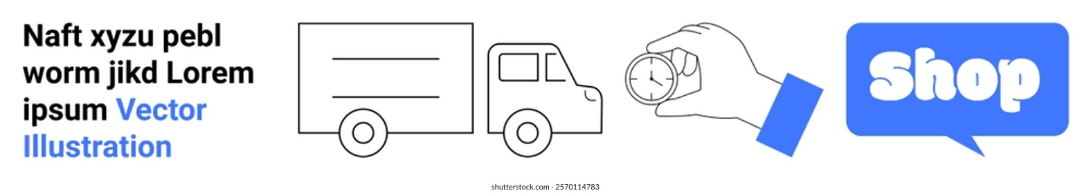 Delivery truck with hand holding clock and a blue Shop button promoting online shopping and fast delivery. Ideal for e-commerce, delivery services, online sales, shopping websites, and time