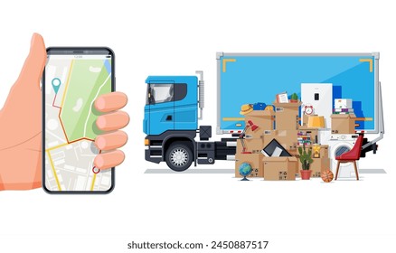 Delivery truck with household items, smartphone with map. Moving to new house. Family relocated to new home. Boxes with goods. Package transportation. Internet courier order. Flat vector illustration