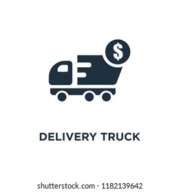 Delivery truck icon. Black filled vector illustration. Delivery truck symbol on white background. Can be used in web and mobile.