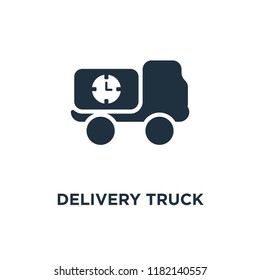 Delivery truck icon. Black filled vector illustration. Delivery truck symbol on white background. Can be used in web and mobile.