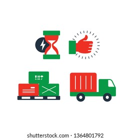 Delivery truck icon, boxes on pallet symbol, sand glass fast time sign, like and satisfaction thumb up hand, logistics concept. Flat design vector illustration