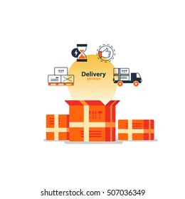 Delivery truck icon, boxes on pallet symbol, sand glass fast time sign, like and satisfaction thumb up hand, logistics concept. Flat design vector illustration