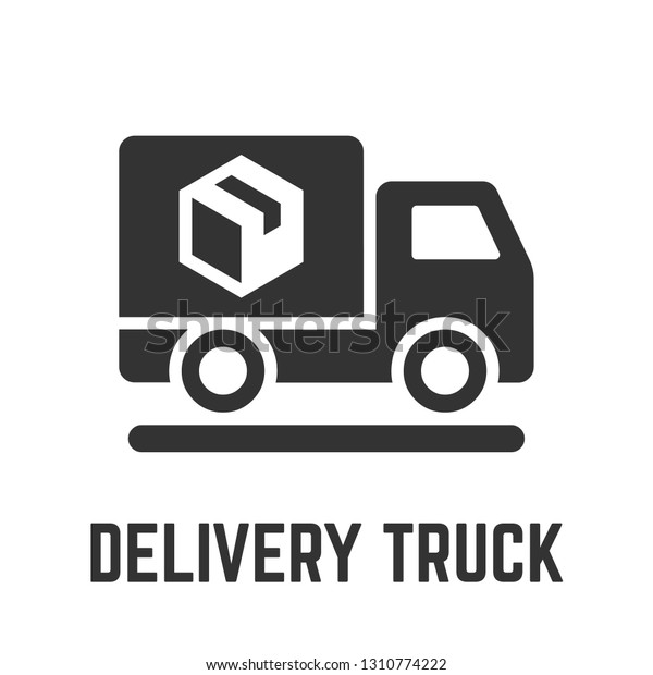 Delivery truck icon with cargo freight lorry\
vehicle and package box glyph symbol.\
