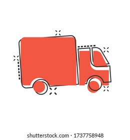 Delivery truck icon in comic style. Van cartoon vector illustration on white isolated background. Cargo car splash effect business concept.
