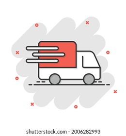 Delivery truck icon in comic style. Van cartoon vector illustration on white isolated background. Cargo car splash effect business concept.