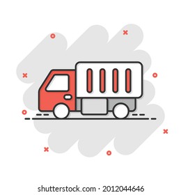 Delivery truck icon in comic style. Van cartoon vector illustration on white isolated background. Cargo car splash effect business concept.