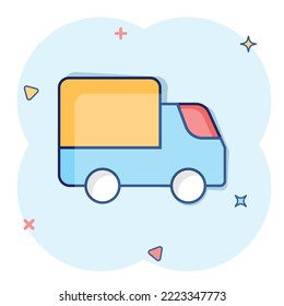 Delivery truck icon in comic style. Van cartoon vector illustration on white isolated background. Cargo car splash effect business concept.