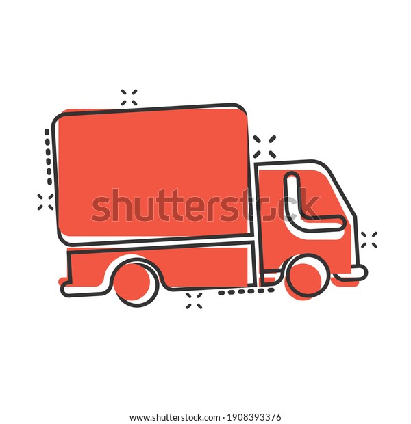 Delivery truck icon in comic style. Van cartoon\
vector illustration on white isolated background. Cargo car splash\
effect business\
concept.