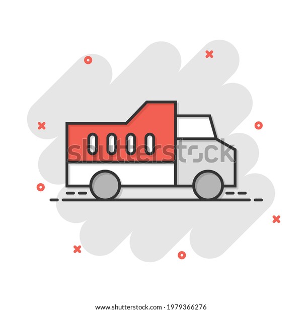 Delivery truck icon in comic style. Van cartoon\
vector illustration on white isolated background. Cargo car splash\
effect business\
concept.