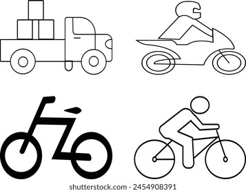 Delivery Truck icon. Express delivery trucks.Logistic trucking sign.Racing Bicycle Icons - Multi Series.Bycycle, bike vector illustration.A Man Riding on Fashion Motocross Motorcycle.