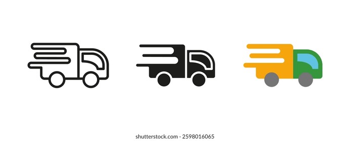 Delivery truck icon. Fast shipping vehicle vector illustration. Express cargo and logistics symbol. Efficient courier transport pictogram. E-commerce, freight services and distribution concept.