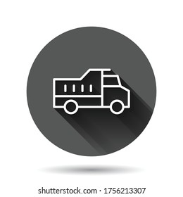 Delivery truck icon in flat style. Van vector illustration on black round background with long shadow effect. Cargo car circle button business concept.