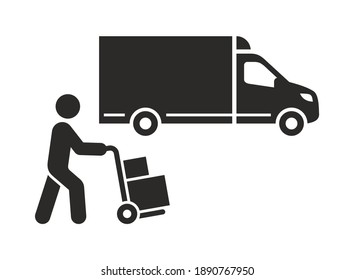 Delivery truck icon. Delivery guy pushing a hand truck with boxes. Vector icon isolated on white background.