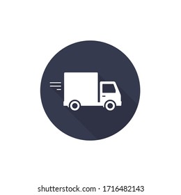 Delivery truck icon isolated on black round background with long shadow. Vector sign flat design illustration.