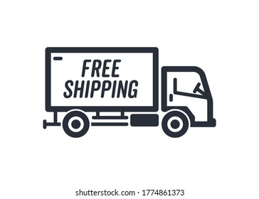 Delivery truck icon on isolated background with line style icon. Free shipping. Badge with truck icon. Flat vector illustration on white and red background.