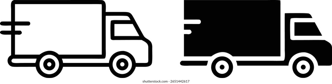 Delivery Truck Icon Set, Black and White Vector, Cargo Transport Silhouette Outline Illustration
