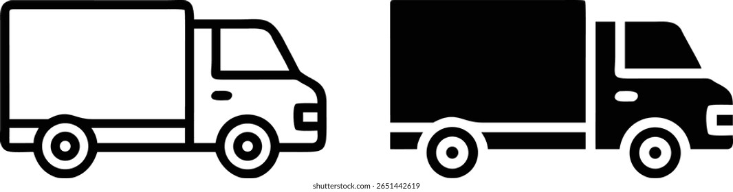 Delivery Truck Icon Set, Black and White Vector, Cargo Transport Silhouette Outline Illustration