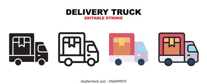 Delivery Truck icon set with different styles. Icons designed in filled, outline, flat, glyph and line colored. Editable stroke and pixel perfect. Can be used for web, mobile, ui and more.