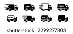 Delivery Truck icon set. Express delivery trucks icons. Fast shipping truck. Free delivery 24 hours. Logistic trucking sign. Vector illustration.