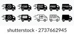 Delivery Truck Icon Set for Express Shipping and Logistics Services - Vector Illustration | Fast Delivery Truck Icon Set. Express Shipping, Logistics and E-commerce Transportation Symbols. Cargo Van Signs Isolated | Modern Logistics and Supply Chain Icon Collection: Truck, Parcel, and Fast Shipping Graphics