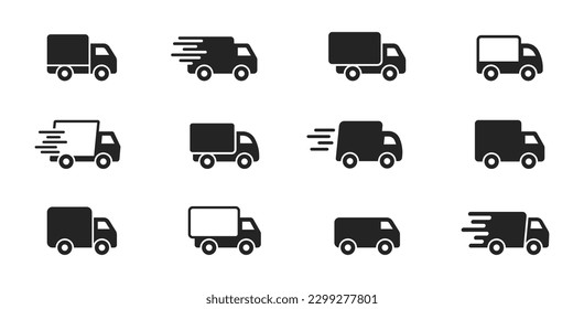 Juego de iconos del camión de entrega. Iconos de camiones de entrega rápida. Camión de envío rápido. Entrega gratuita 24 horas. Señal de truco logístico. Ilustración vectorial.