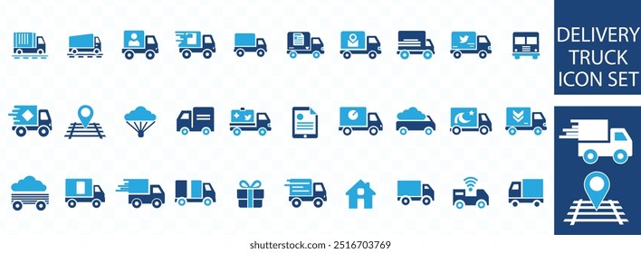 Delivery Truck icon set. Express delivery trucks icons. Fast shipping truck. Free delivery 24 hours. Logistic trucking sign. Vector illustration.