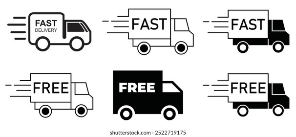 Delivery Truck icon set. Express delivery trucks icons. Fast shipping truck. Free delivery 24 hours. Logistic trucking sign. Vector illustration.eps 10