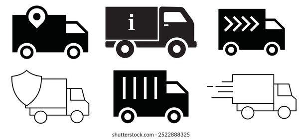 Delivery Truck icon set. Express delivery trucks icons. Fast shipping truck. Free delivery 24 hours. Logistic trucking sign. Vector illustration. eps 10