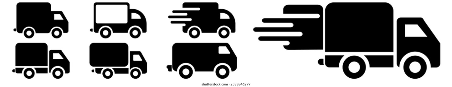 Delivery Truck icon set. Express delivery trucks icons. Fast shipping truck. Free delivery 24 hours. Logistic trucking sign. Vector illustration.