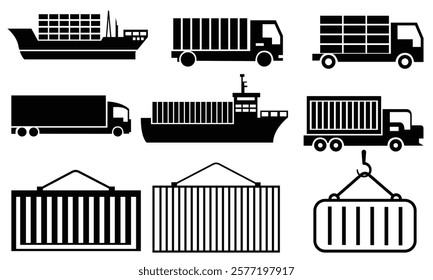 Delivery Truck icon set. Express delivery trucks icons. Fast shipping truck. Free delivery 24 hours. Logistic trucking sign. Vector illustration, Ships, boats, cargo, logistics, transportation and shi