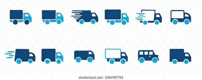 Delivery Truck icon set. Express delivery trucks icons. Fast shipping truck. Free delivery 24 hours. Logistic trucking sign. Vector illustration.