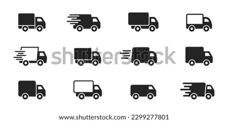 Delivery Truck icon set. Express delivery trucks icons. Fast shipping truck. Free delivery 24 hours. Logistic trucking sign. Vector illustration.