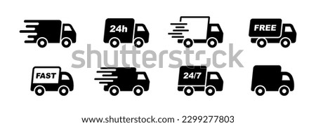 Delivery Truck icon set. Express delivery trucks icons. Fast shipping truck. Free delivery 24 hours. Logistic trucking sign. Vector illustration.