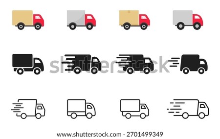 Delivery Truck icon set. Express delivery trucks icons. Fast shipping truck. Free delivery 24 hours. Logistic trucking sign. Vector illustration.