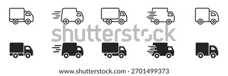 Delivery Truck icon set. Express delivery trucks icons. Fast shipping truck. Free delivery 24 hours. Logistic trucking sign. Vector illustration.