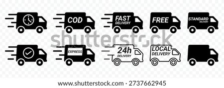 Delivery Truck Icon Set for Express Shipping and Logistics Services - Vector Illustration | Fast Delivery Truck Icon Set. Express Shipping, Logistics and E-commerce Transportation Symbols. Cargo Van Signs Isolated | Modern Logistics and Supply Chain Icon Collection: Truck, Parcel, and Fast Shipping Graphics