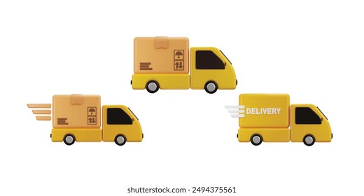 Delivery truck icon set with fast delivery cardboard icon 3d rendering vector illustration concept of fast delivery icon