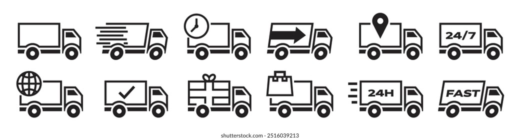 Delivery Truck icon set. Fast shipping truck. Fast delivery 24 hours. Logistic trucking sign. 