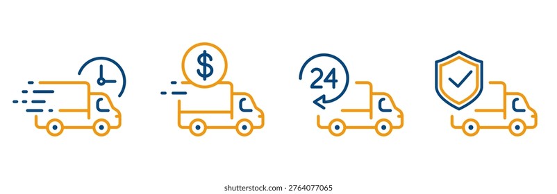 delivery truck icon set, fast logistics, cost shipping, 24 hour transportation, guaranteed safe delivery, thin outline editable stroke