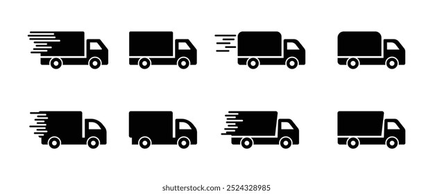 Delivery Truck icon set. Free delivery 24 hours. Fast shipping truck. Fast shipping delivery truck. Express delivery trucks icons. Vector illustration.
