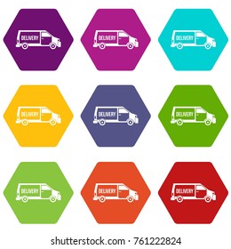 Delivery truck icon set many color hexahedron isolated on white vector illustration