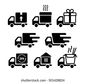 Delivery truck icon set. Pizza / food / takeaway / gift / beverage order delivery sign collection. Home movers logo. Fast & efficient shipping symbols. Vector illustration.