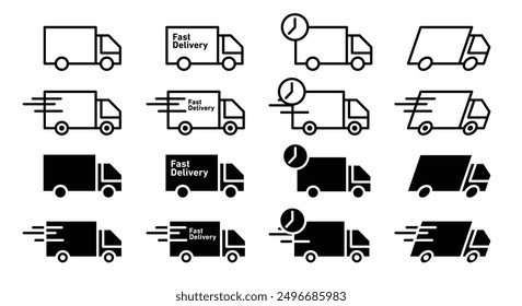 Conjunto de iconos de camión de entrega. Conjunto de iconos de camión de entrega de envío. Logotipo de camión de entrega de movimiento rápido. Logotipo de camión de transporte rápido y rápido. Entrega gratuita 24 horas signo.