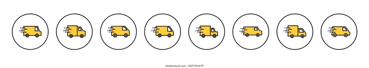 Vector de conjunto de iconos de camión de entrega. Señal y símbolo del camión de reparto. Icono de entrega rápida de envío