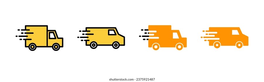 Liefert LKW-Icon-Set für Web- und Mobile-App. Lieferwagenzeichen und -symbol. Schnellauslieferungssymbol