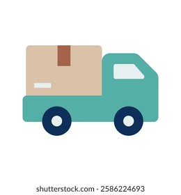 Delivery Truck Icon: A simplified, flat vector illustration depicting a green delivery truck with a brown package on its bed, representing efficient transportation and logistics.